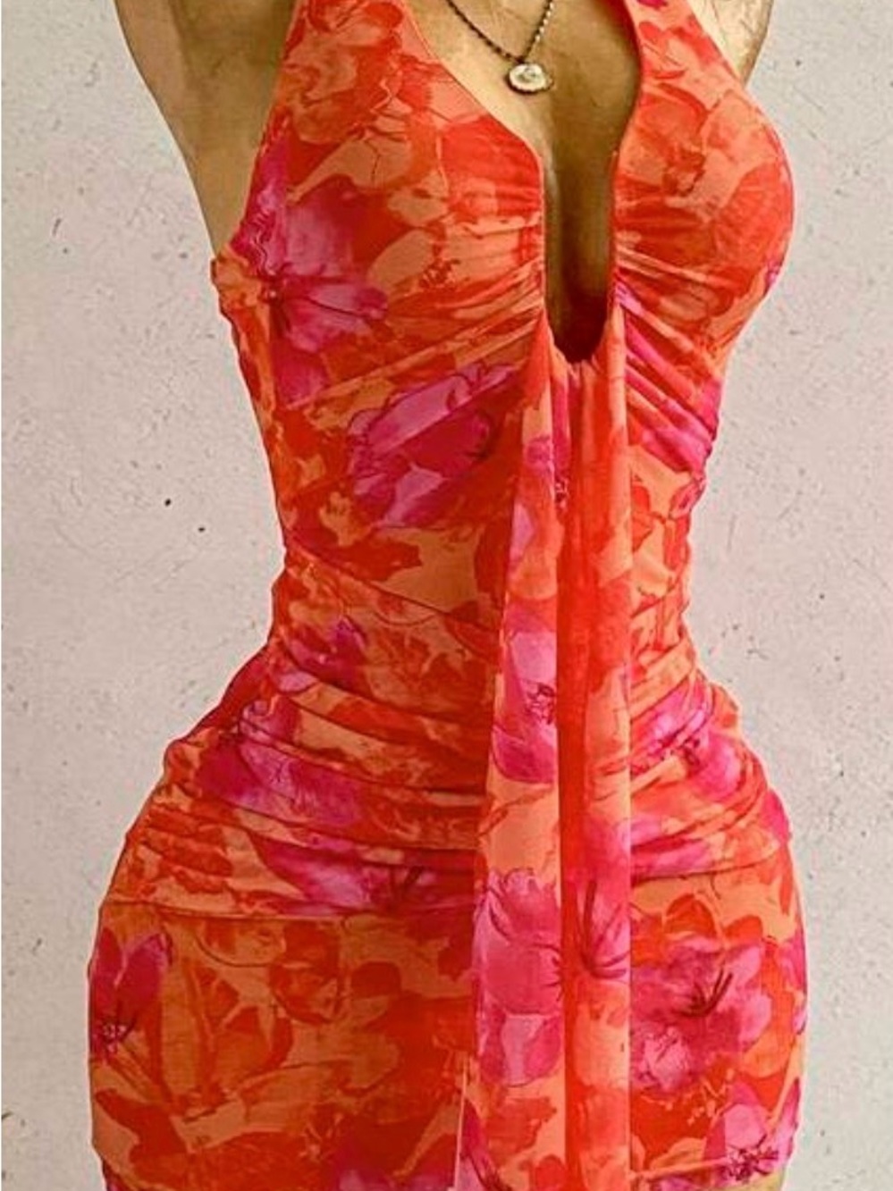 Sheer Floral Mesh Dress in Orange and Pink